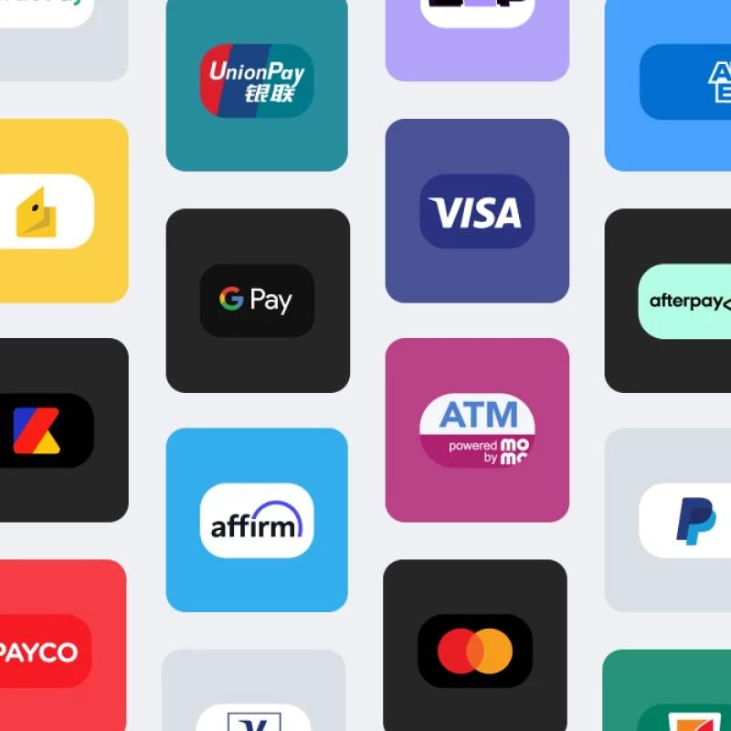 Logos of diverse payment methods and issuers.