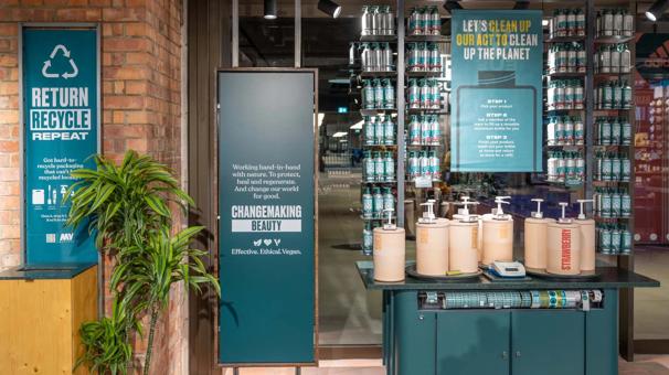 The Body Shop store with sustainable posters