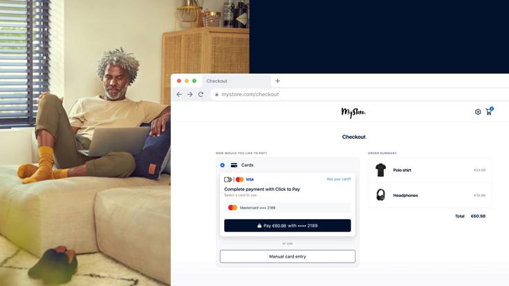 Mann auf einem Sofa und ein Screenshot des Click-to-Pay-Zahlungsprozess