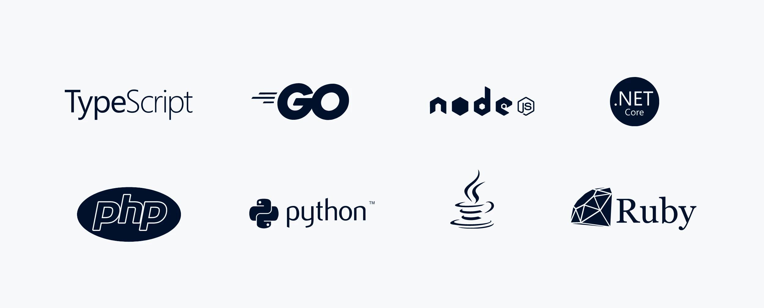 Logos of the supported programming languages