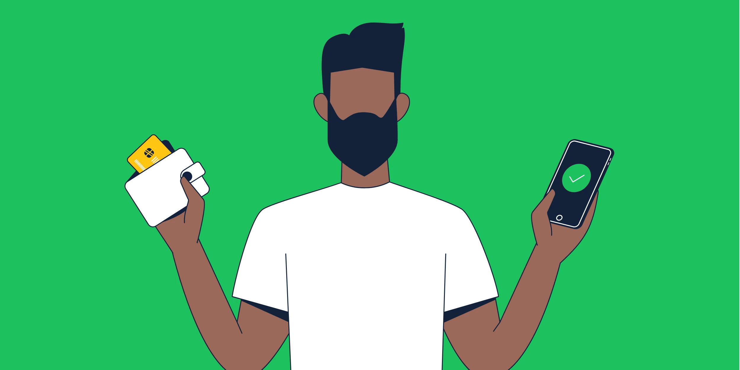 Man holding a phone and a wallet on a green background