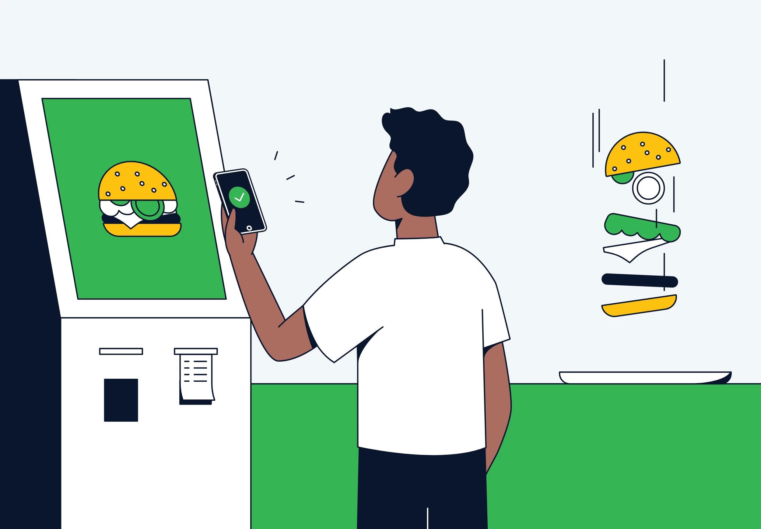 Illustration of man paying for a hamburger with his phone
