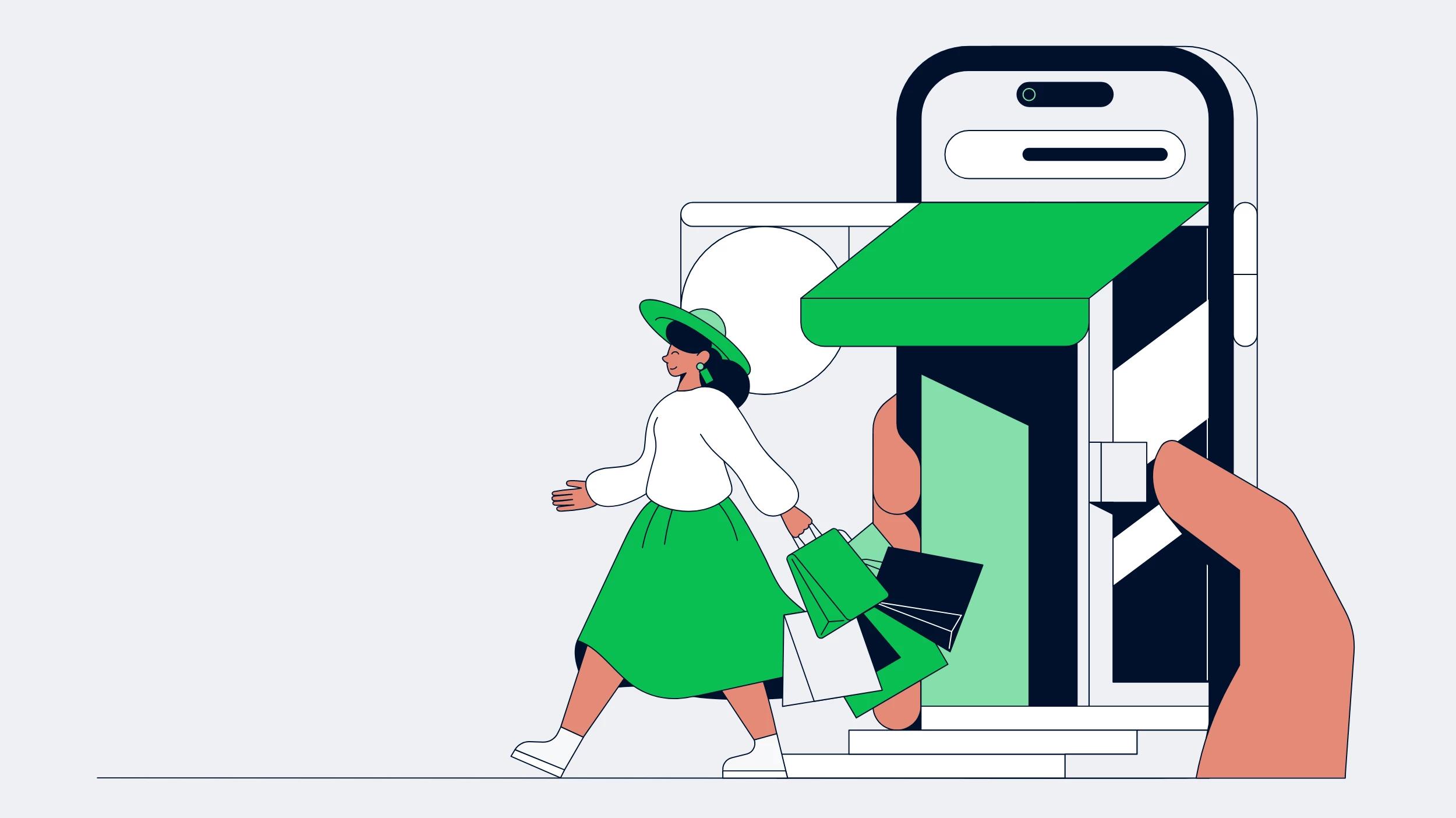 Illustration av kvinna som kliver ut ur en butik som är inbyggd i en smartphone