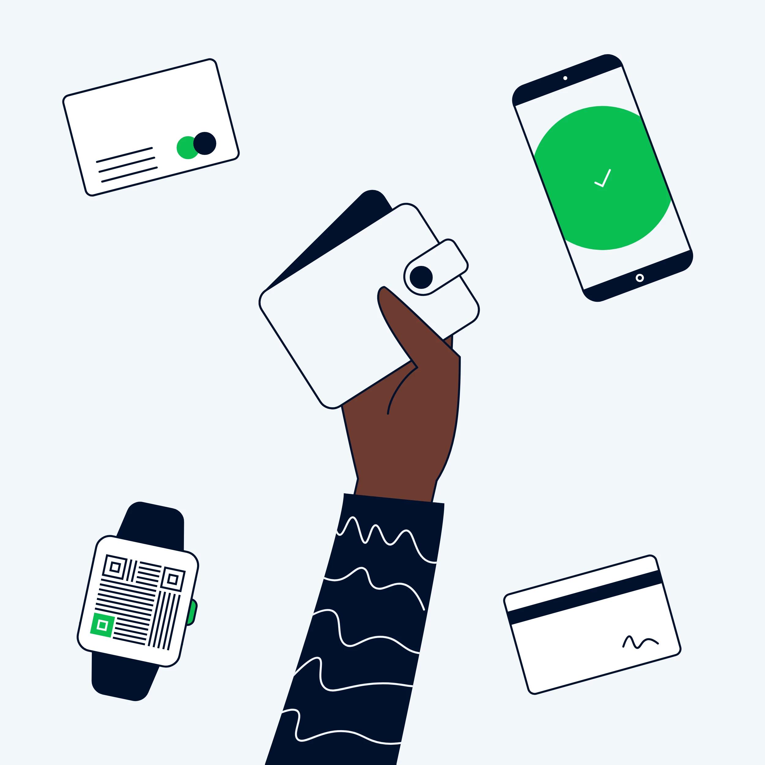 Illustration of a hand surrounded by contactless payment methods