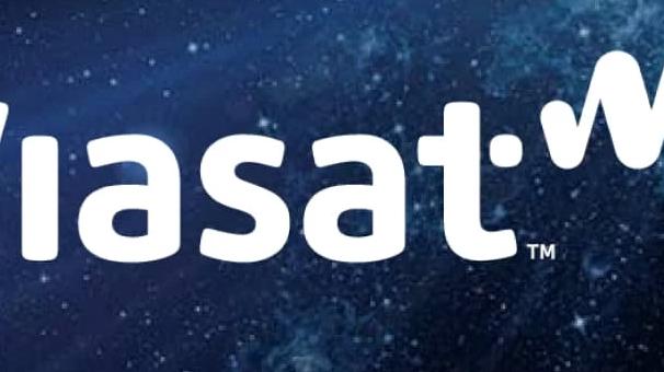 Viasat logo over a photo of space with satellite