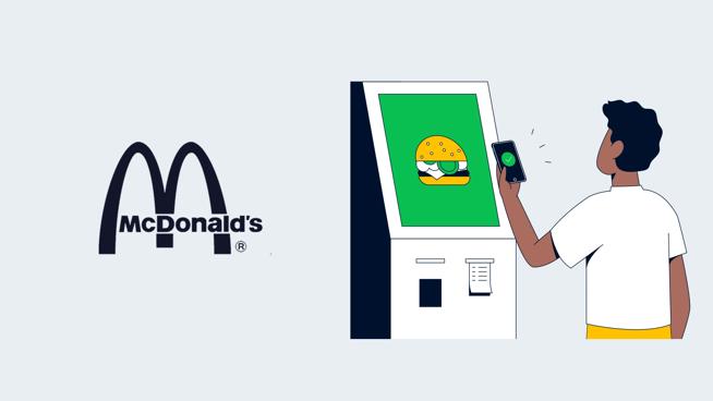 Ilustração mostrando o logo do McDonald's e um cliente fazendo um pagamento por um tótem