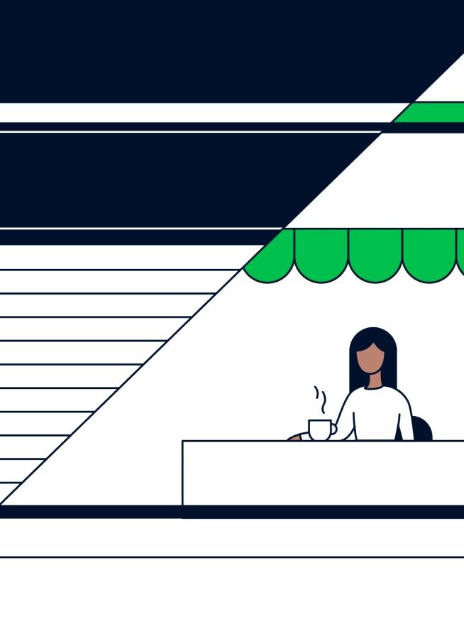 Split illustration of a person sitting in a cafe that's half open, half closed