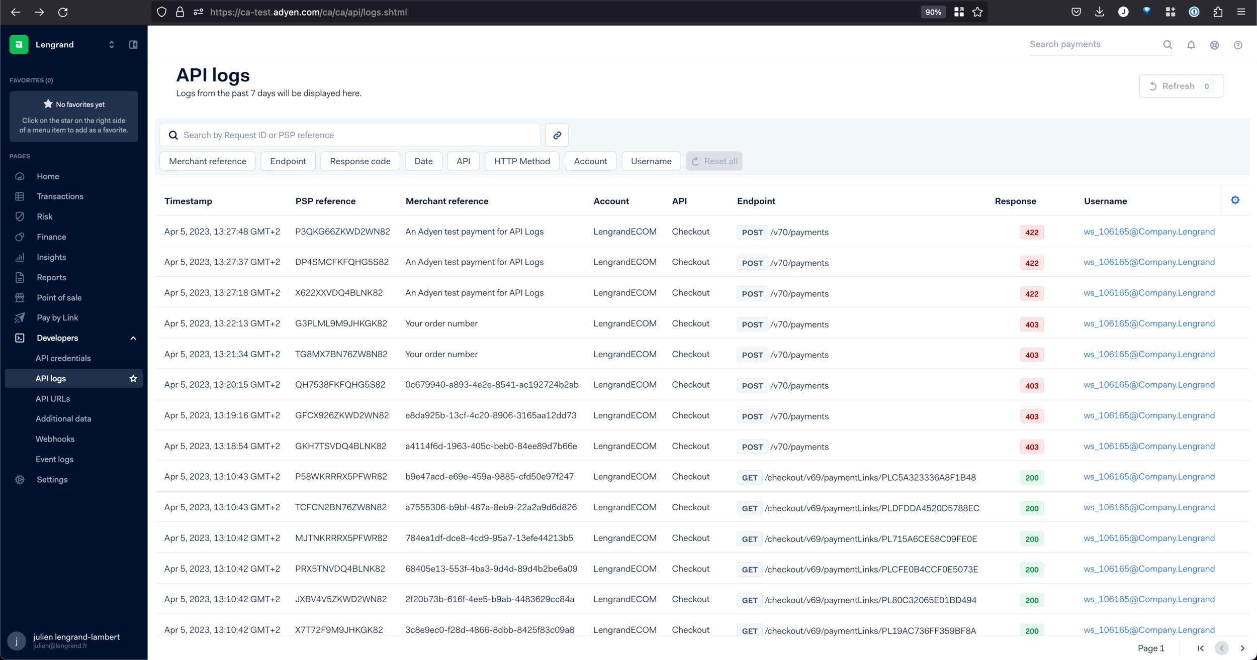 The API logs view of the customer area