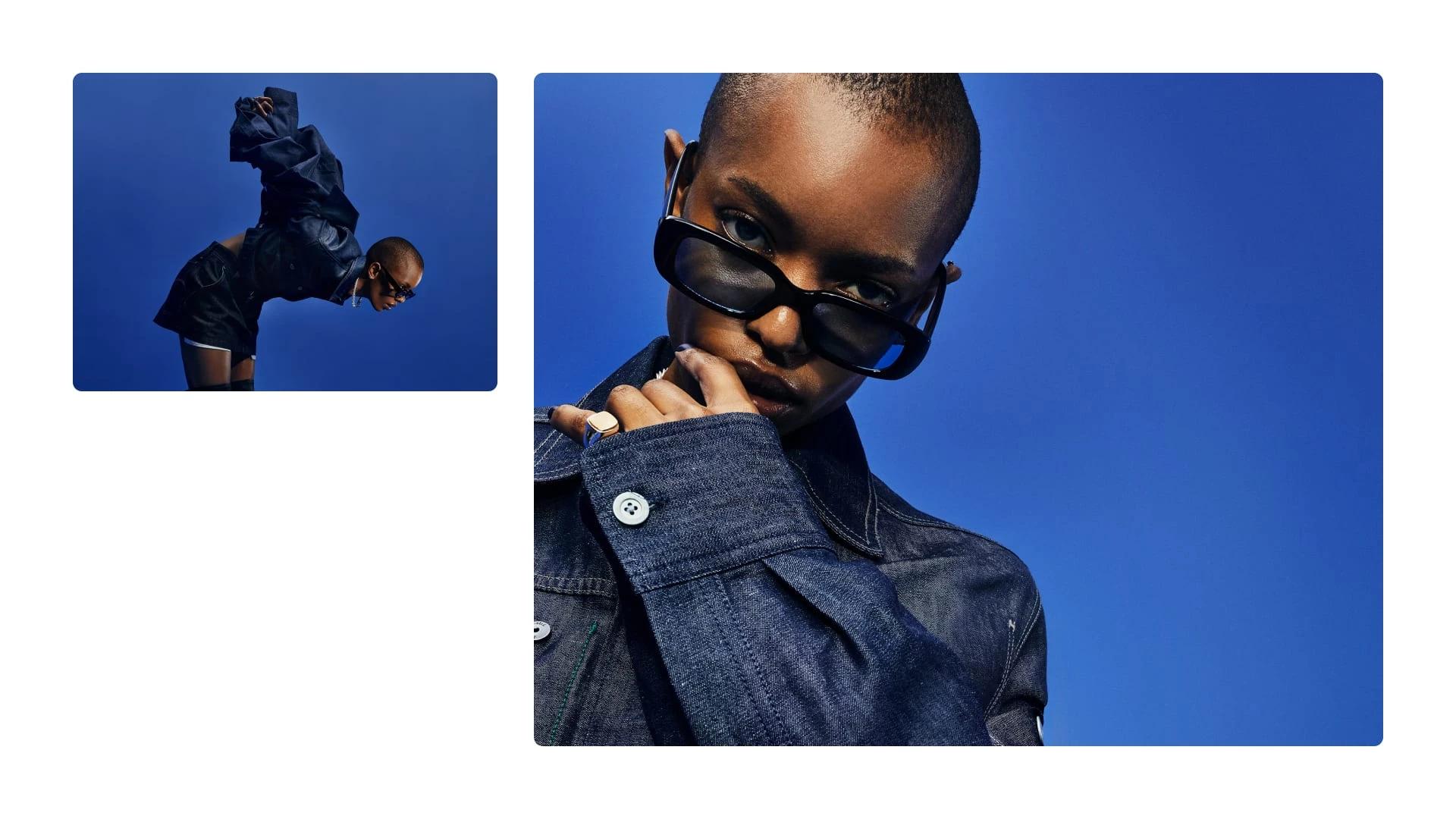  Två bilder på modeller som bär G-Star RAW:s jeans. Båda poserar med solglasögon.