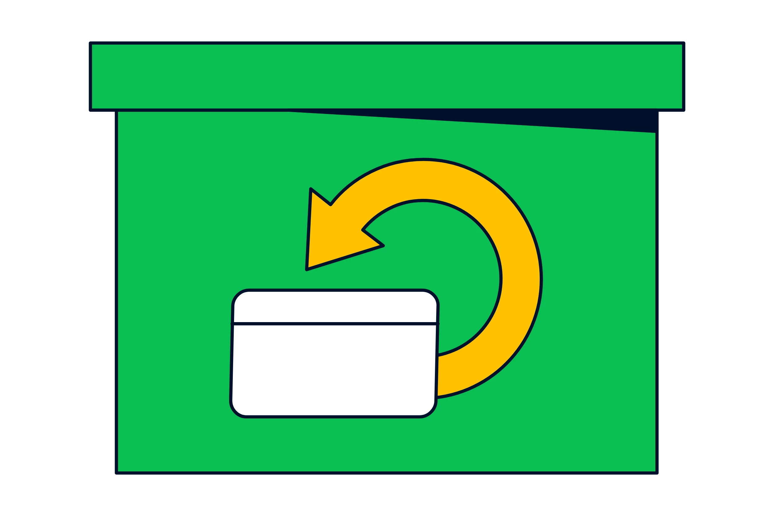 A green box with an illustration of a credit card and an arrow in circle, symbolising the return of goods.