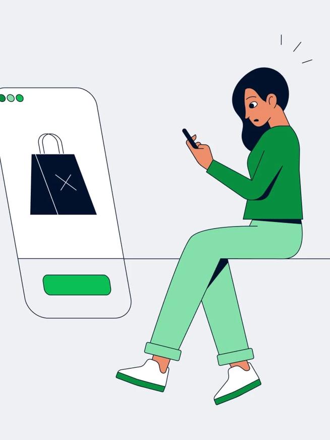 An illustration of a  woman sitting down shopping on her phone 