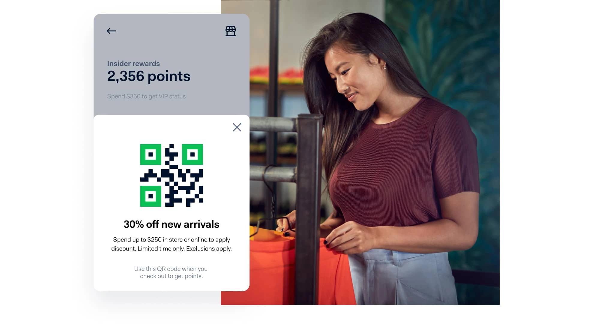 A phone screen offering a QR code payment coupon through a loyalty app