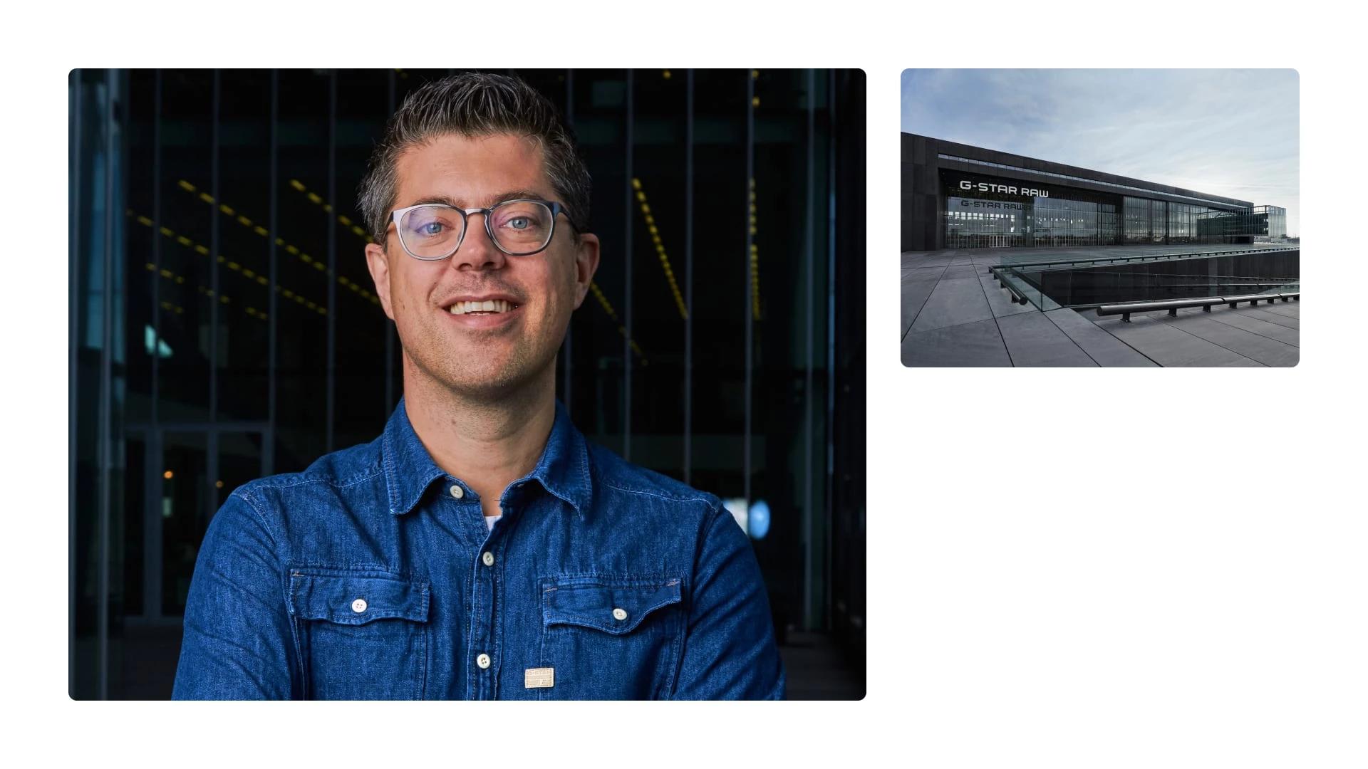 Photo of Arn Knol, Commercial Director of G-Star's ecommerce team, and a small picture of the G-Star RAW office