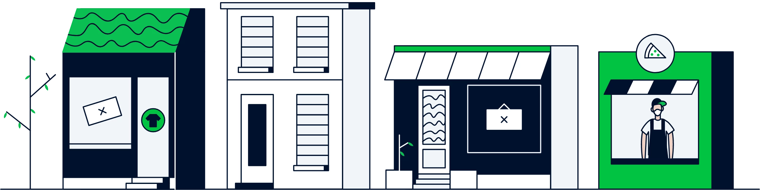 Illustratie van gesloten winkelstraat met een open voedselverkoper