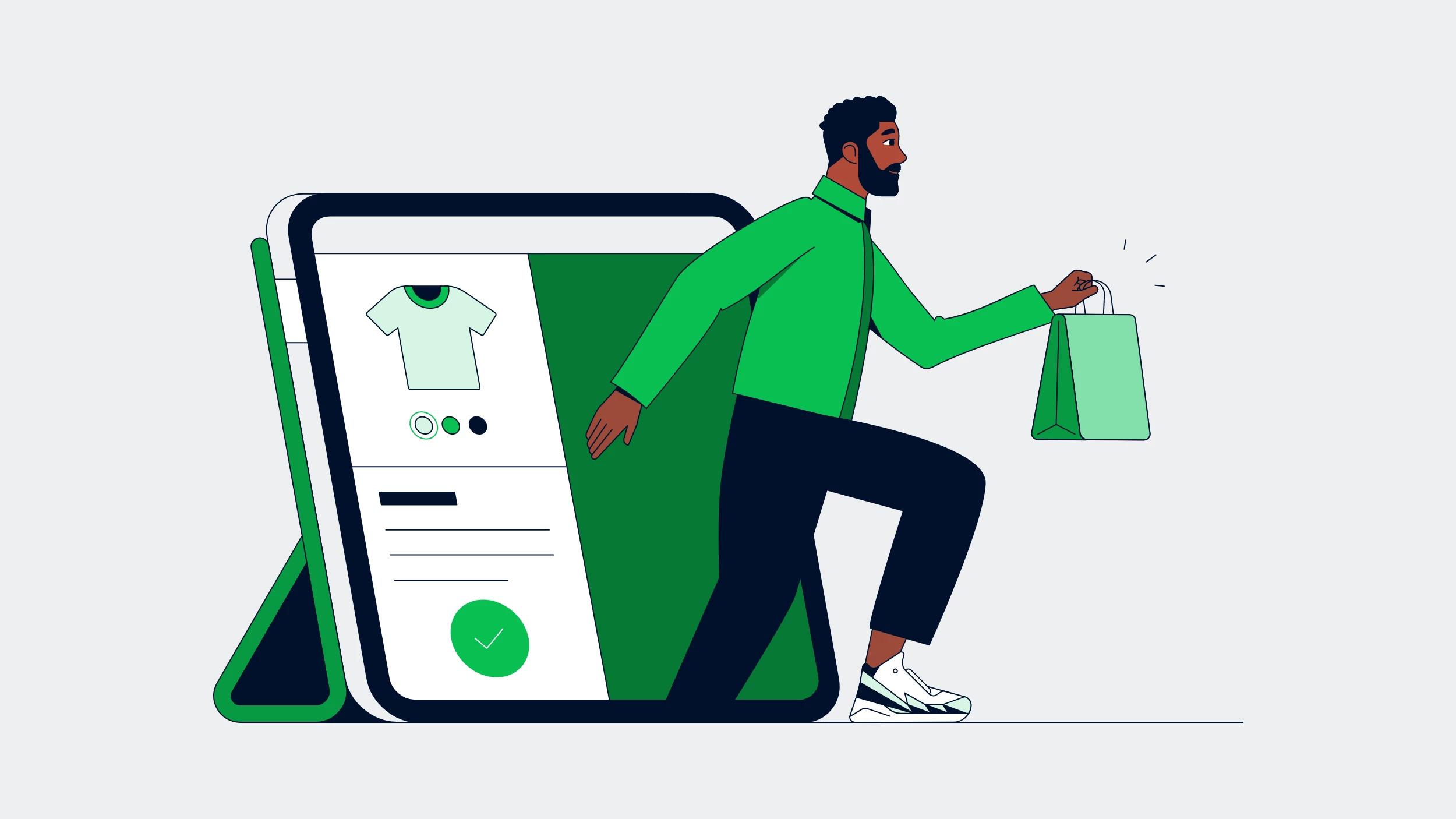 illustration man with shopping bag coming out of ipad