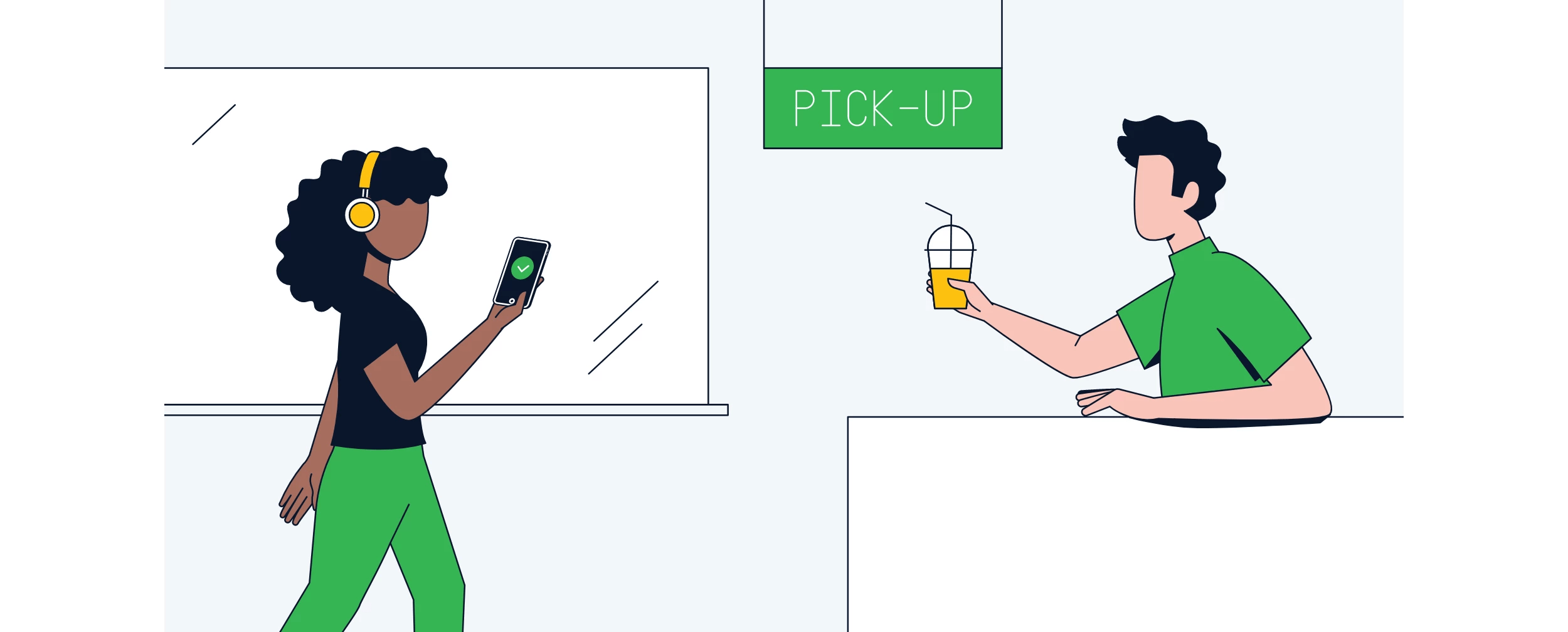 Ilustração mostrando mulher retirando sua bebida no balcão da loja com celular na mão
