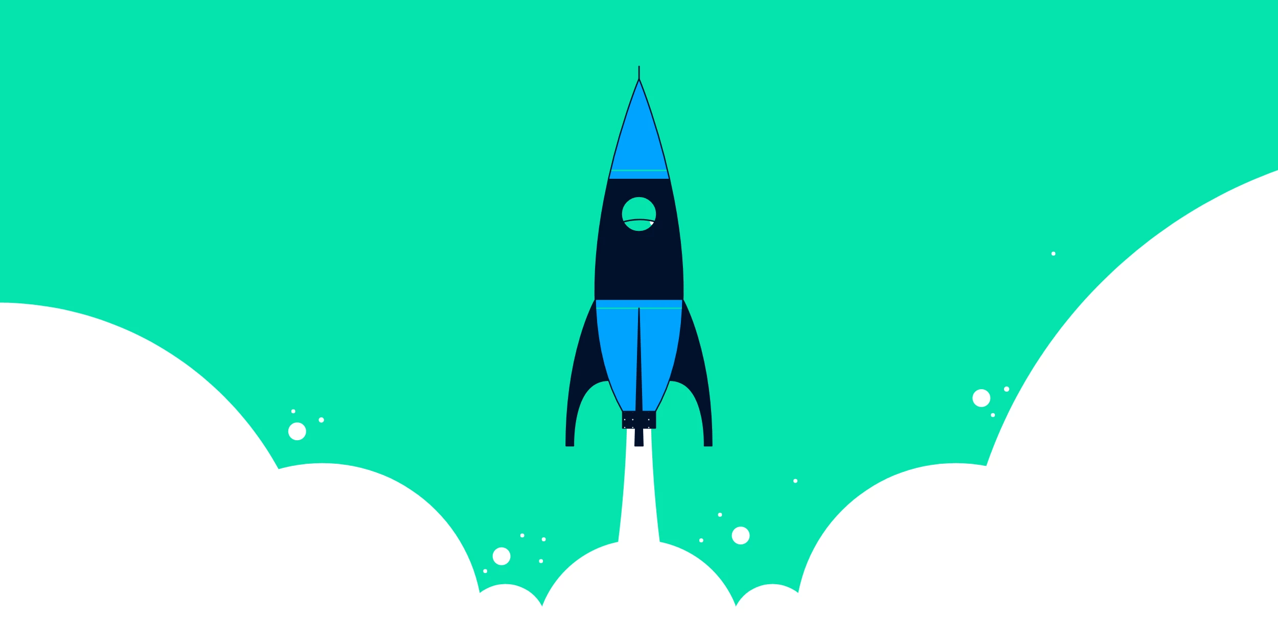 Blog header: Blue rocket with a black stripe and wings launching against a green background.
