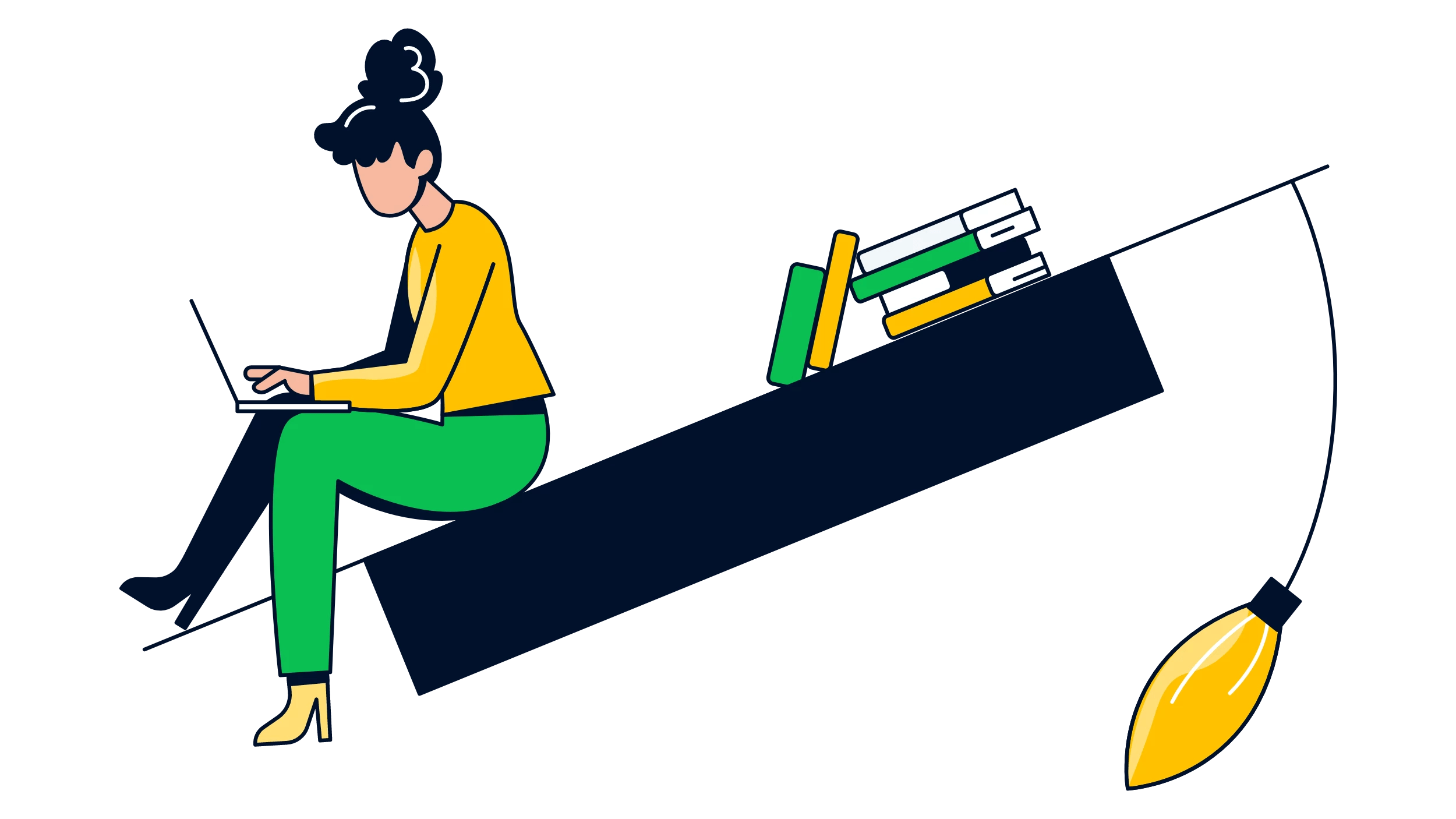 A girl on top of a big book or bookshelf full with books in the colors of green and yellow.