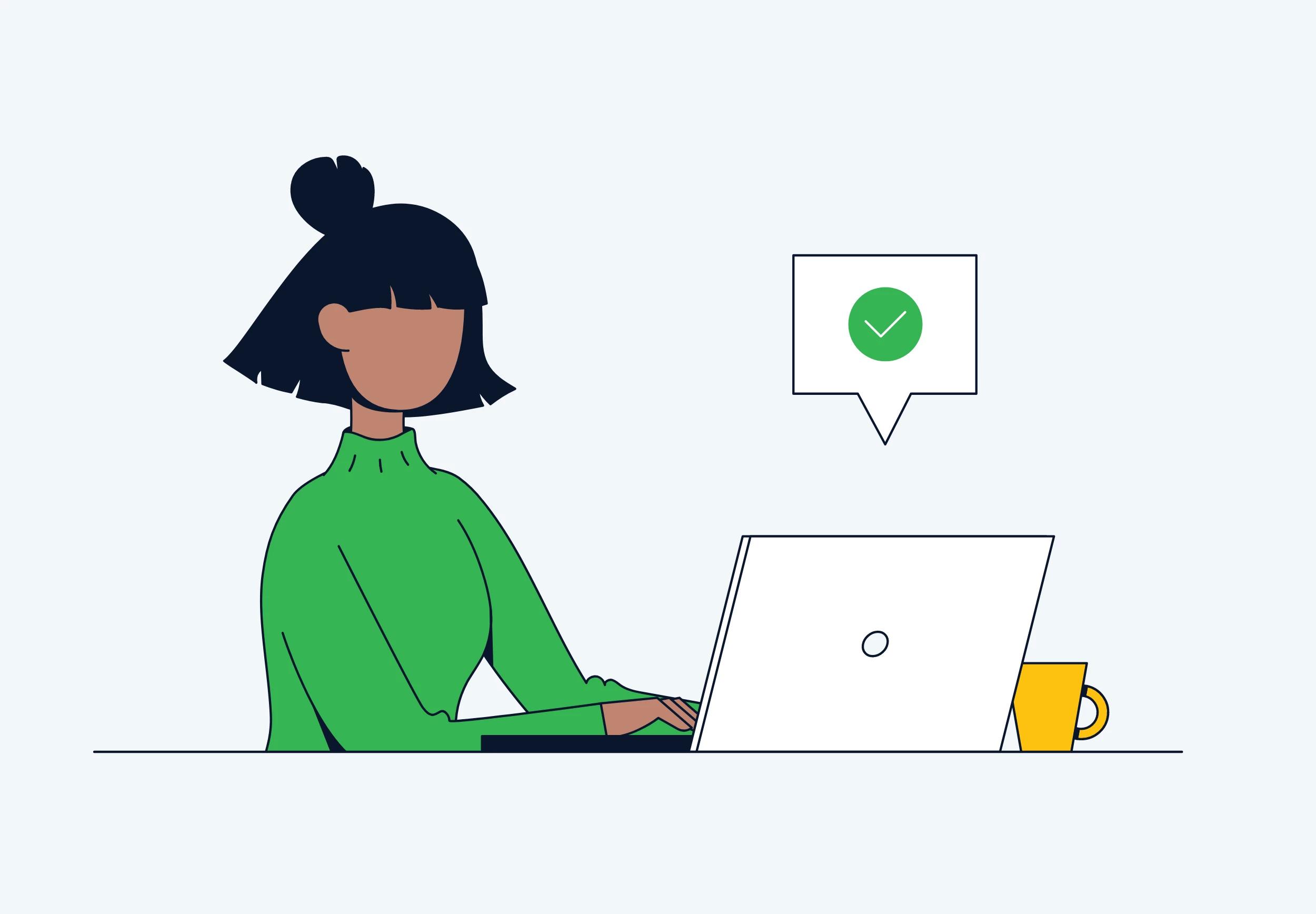 Illustration of woman on her laptop with a green checkmark above it