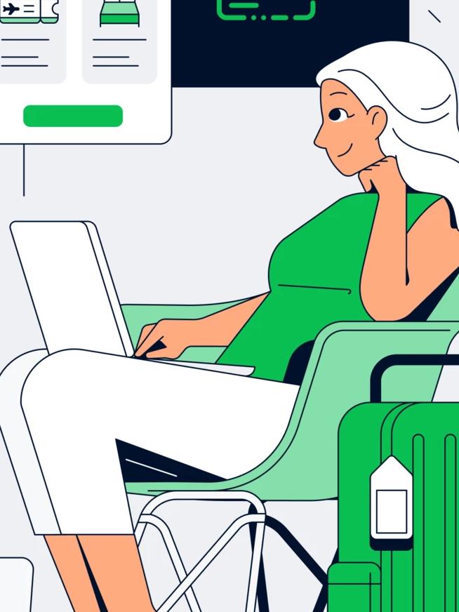 An illustration of a woman looking at a laptop