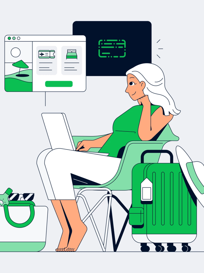 An illustration of a woman looking at a laptop