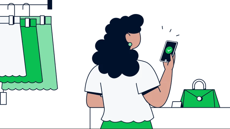 Illustration av kvinna som betalar med mobil i fysisk butik