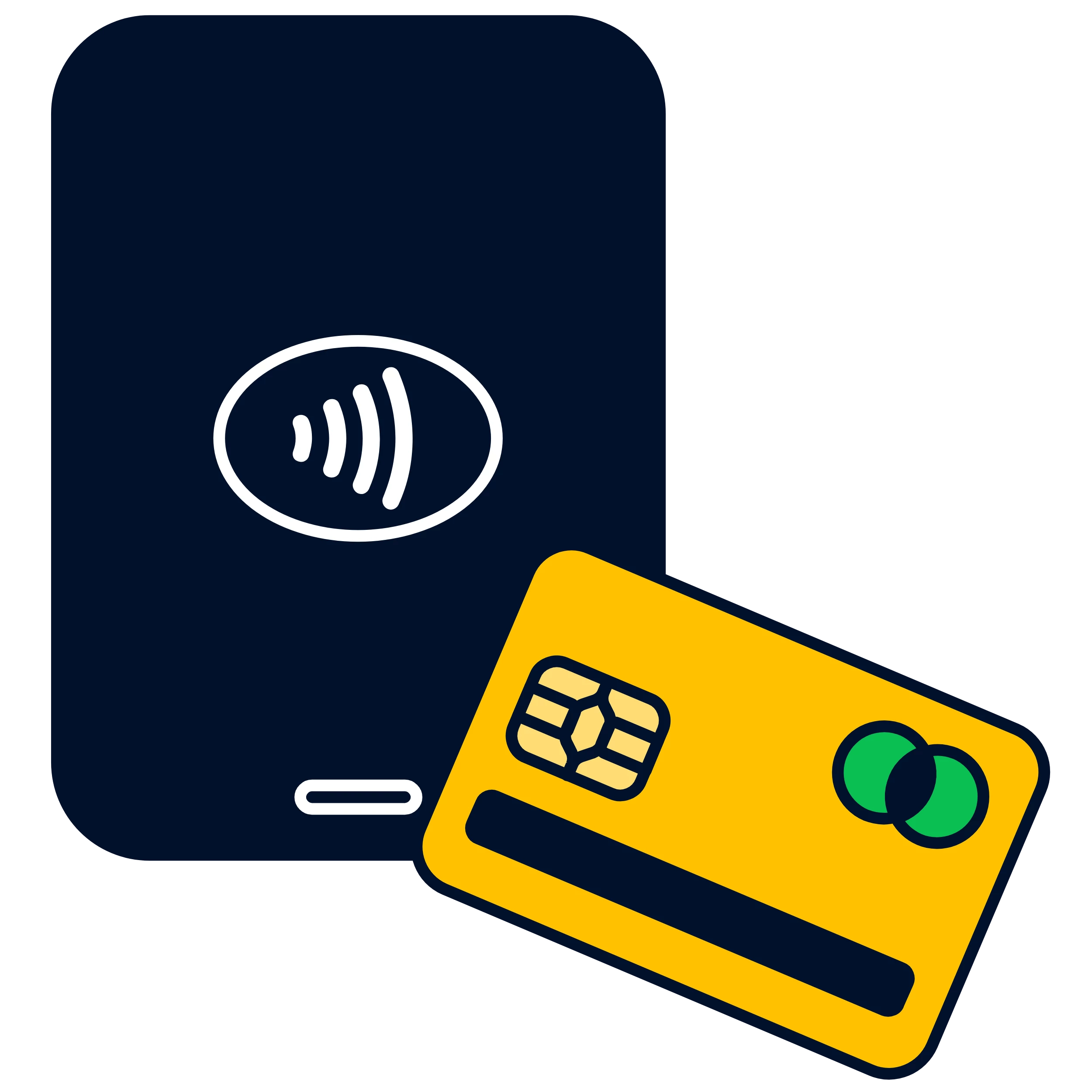 A card reader and a yellow credit card to demonstrate the phone terminals