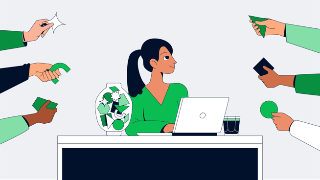 illustration with a worker sitting by the desk behind a laptop and a coffee cup. Illustration shows six hands(three on each side). Each hand holds a different shape and is pointed at this worker.