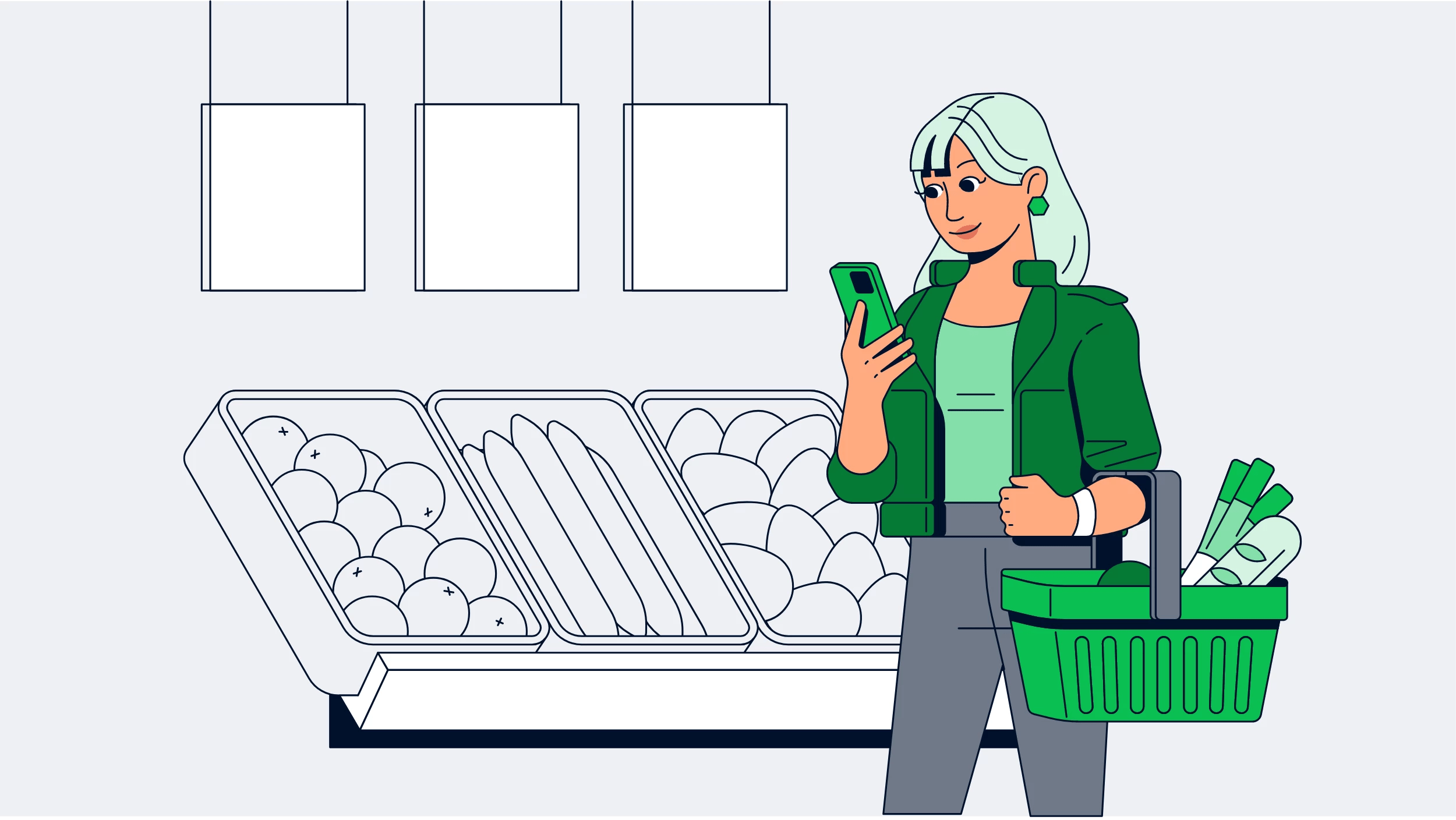 Illustration of woman with grocery basket shopping at the store