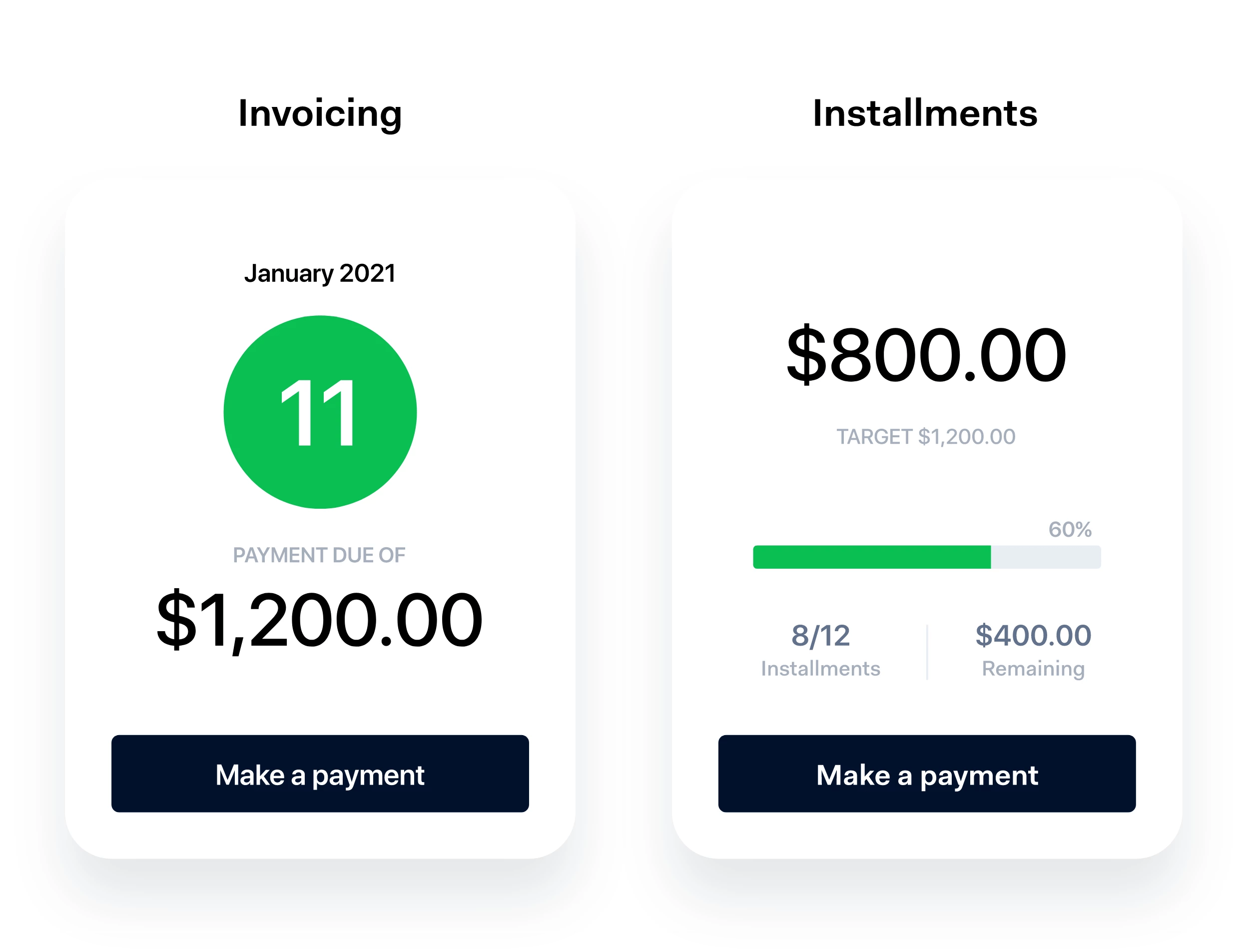 Screens for invoicing and instalments