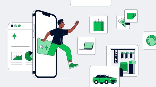 An illustration of a man stepping out of a phone towards smaller illustrations of his purchases