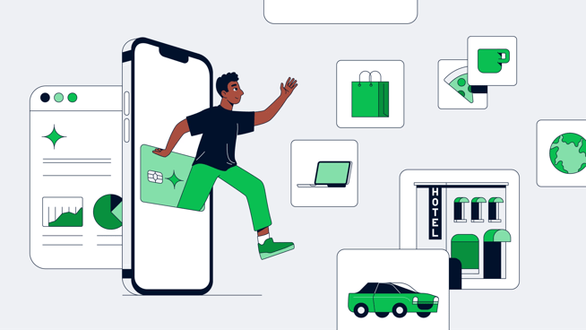 An illustration of a man stepping out of a phone towards smaller illustrations of his purchases