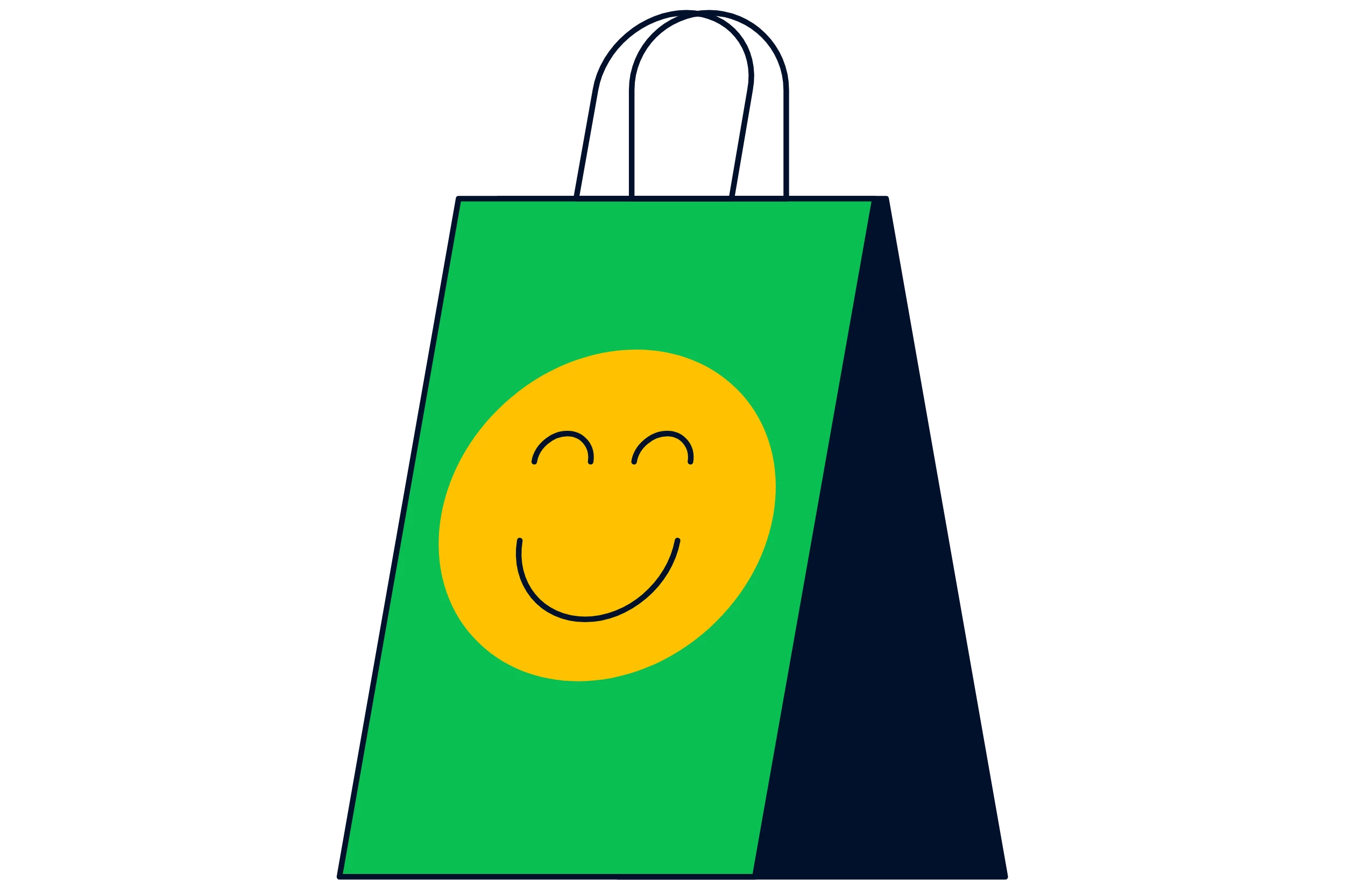 A yellow smiley face on top of a green shopping bag.