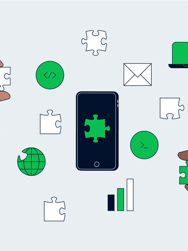 A drawing of a phone with a puzzle piece on it, and many other items around and two hands placing more puzzle pieces. The drawing is in the main color theme of Adyen, dark blue, green and white.