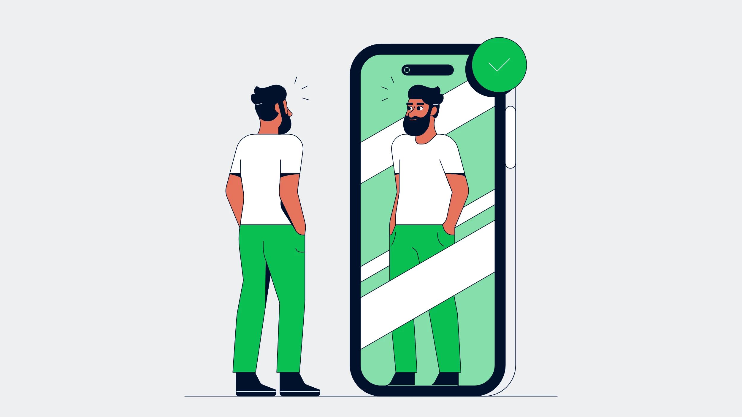 An illustration of a man looking at the reflection of himself in a phone representing an successful authentication experience